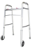 Silver walker with wheels for mobility support.